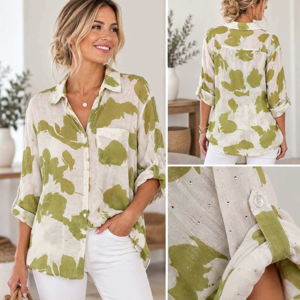 Cabana Women 3XL Green White Floral Rhinestone Roll Tab Button Down LW007P Shirt